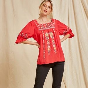 Savanna Jane (L) EMBROIDERED PEASANT TOP, RED (Like NEW)